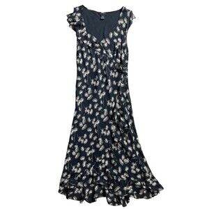 The Limited Silk Ruffle Midi Dress Sz 8 Black Tan Dandelion Print V-Neck Y2K